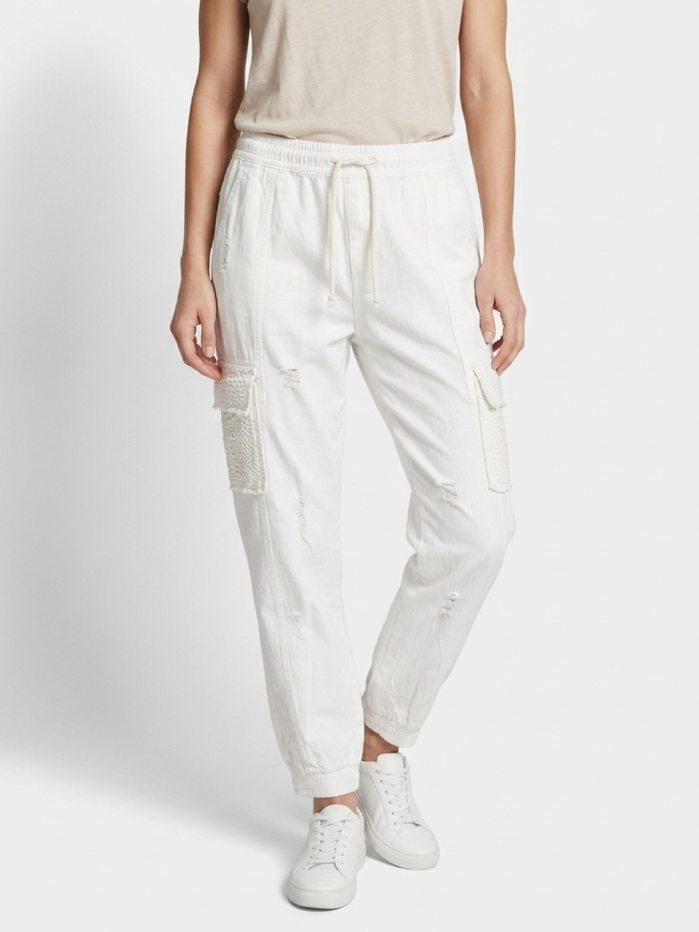 POL White Cargo Pants with Lace Patch Pockets